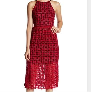 AQUA Sleeveless High Neck Lace Crochet Midi Dress Sz Small Red Black New w Tags
